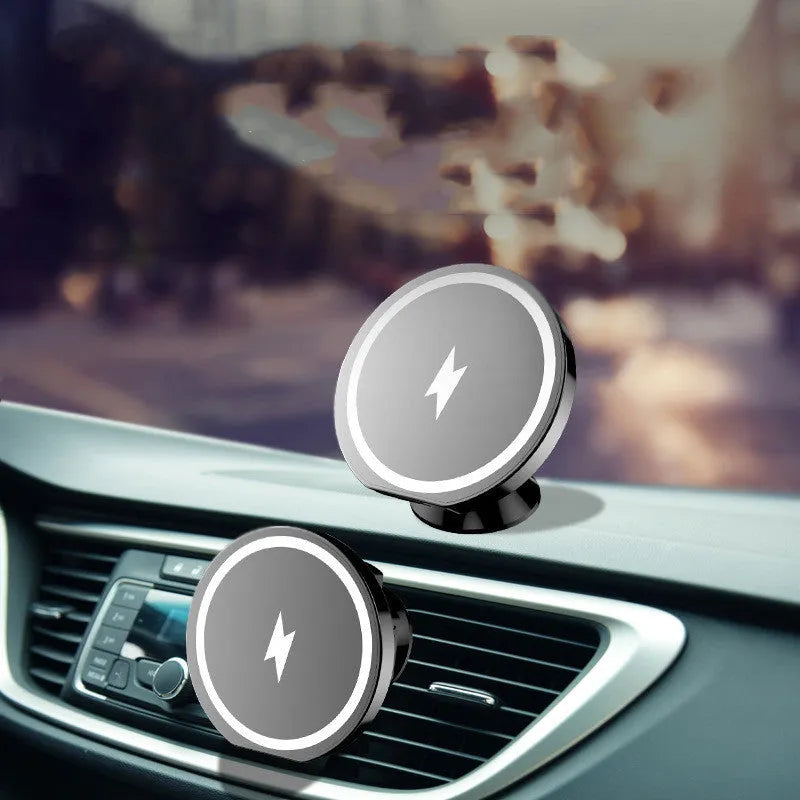 Magnetic wireless charging car phone holder 15W for air outlet, dashboard, or desktop, in black or white.