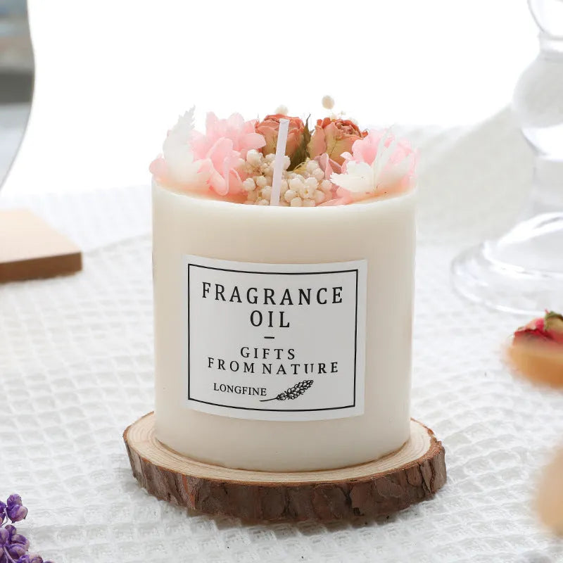 Dried flowers decorative aromatherapy candle with wooden chip base gift packaging