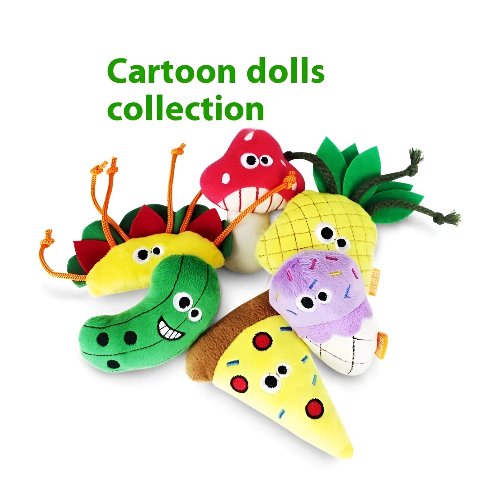 Six food-shaped catnip plush toys: burrito, cone, cucumber, mushroom, pineapple, and pizza designs