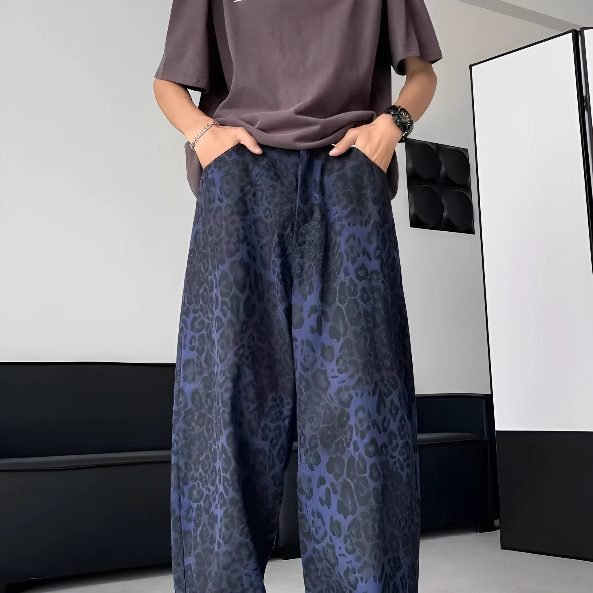 American Retro blue leopard print wide-leg cotton trousers for teenagers, loose straight cut with zipper fly