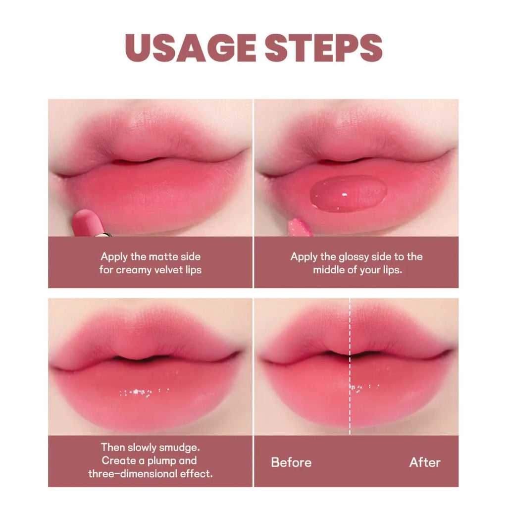 Double-headed lipstick and lip gloss in matte finish showing ten available shade options