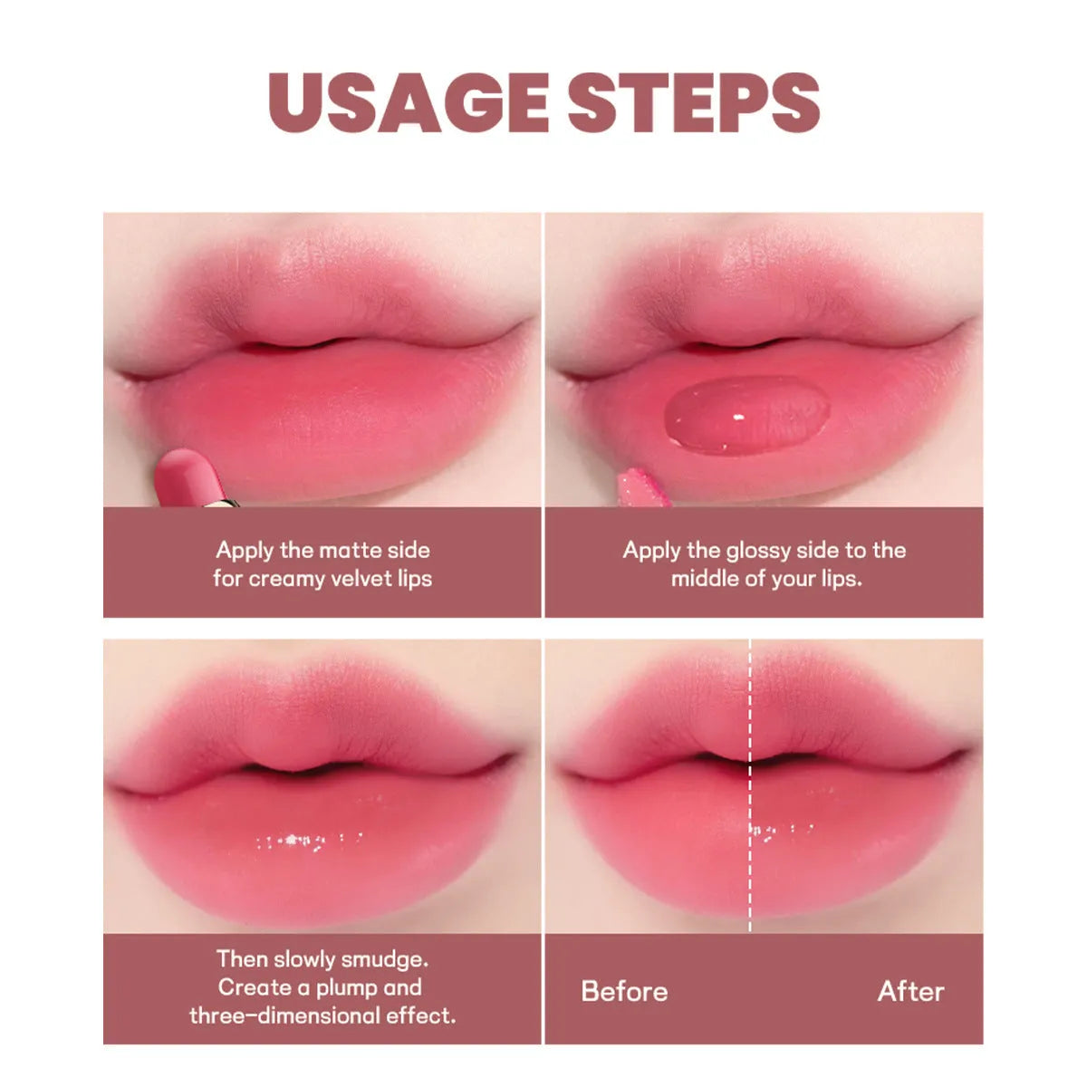 Double-headed lipstick and lip gloss in matte finish showing ten available shade options
