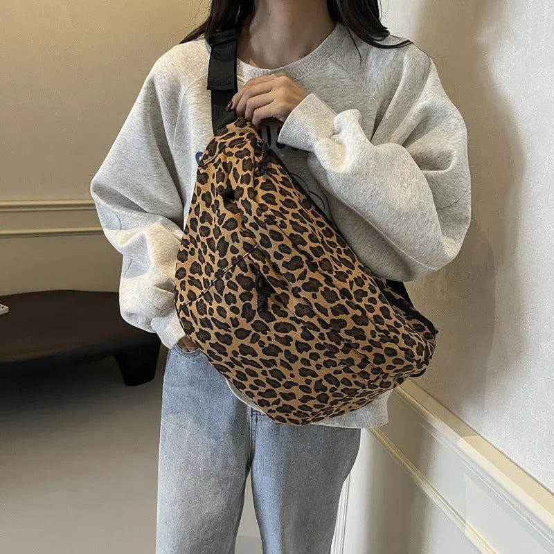 Soft canvas leopard print chest bag in brown with patchwork detailing, large capacity, multiple colours available