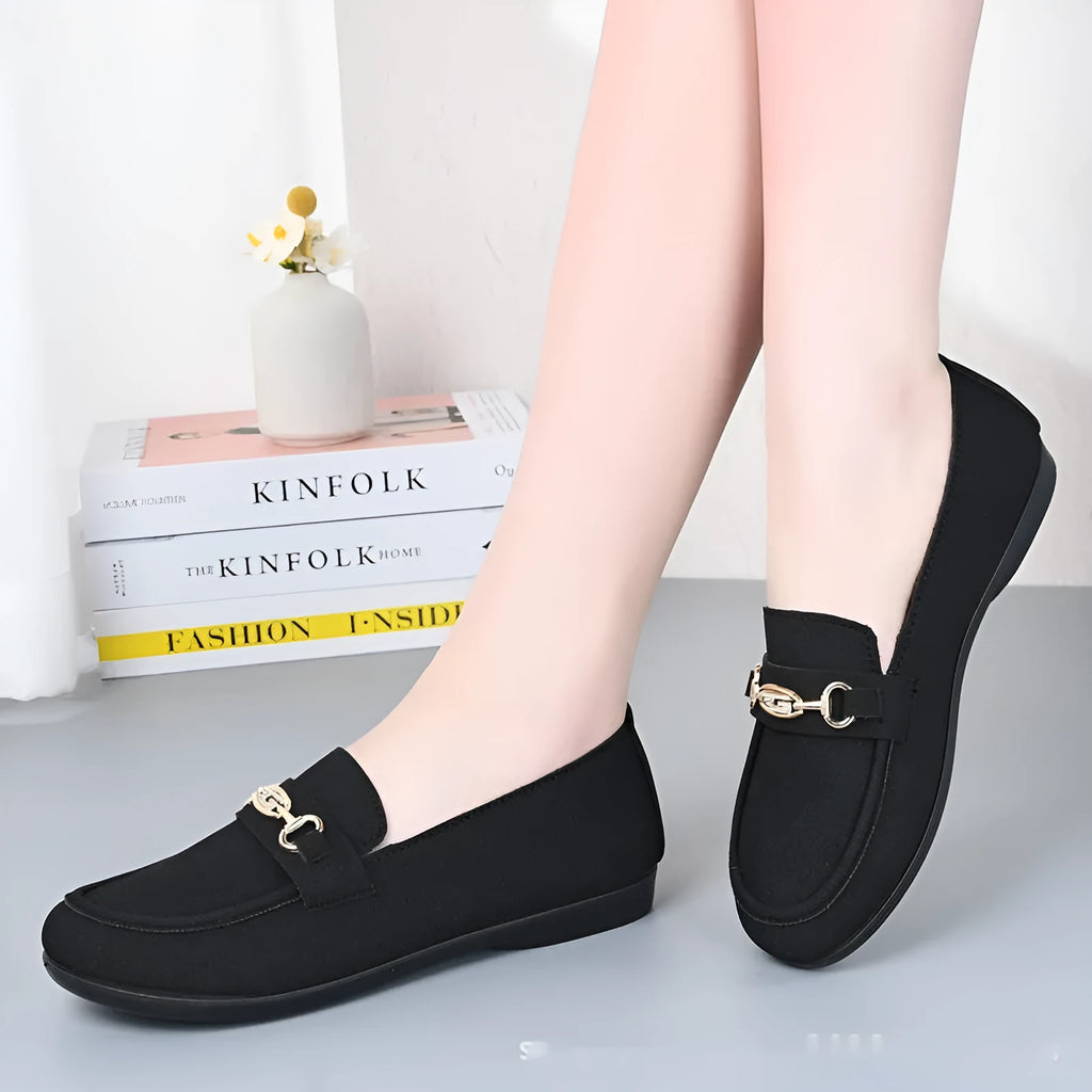 Gommino women's black casual shoes with round toe and soft rubber sole