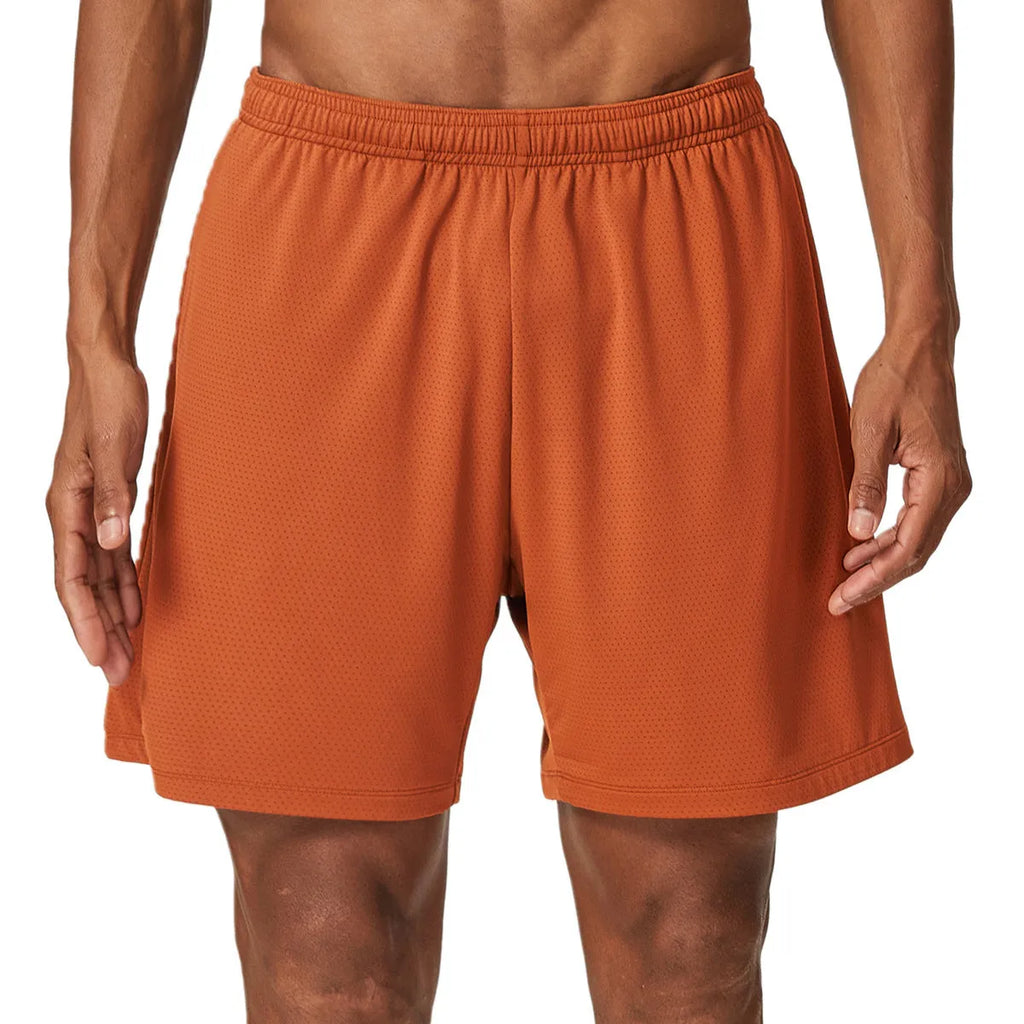 Men's quick-drying double-layer running shorts in sky green, showing mid-waist short length design.