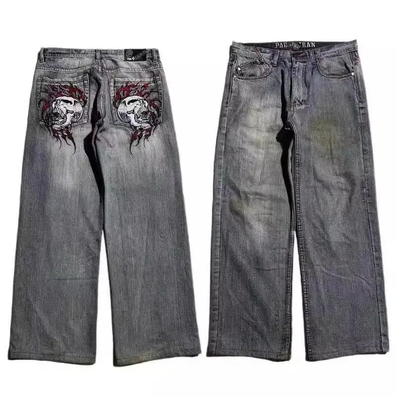 Grey washed-out wide-leg men's jeans with a straight cut and mid-waist design on a neutral background.