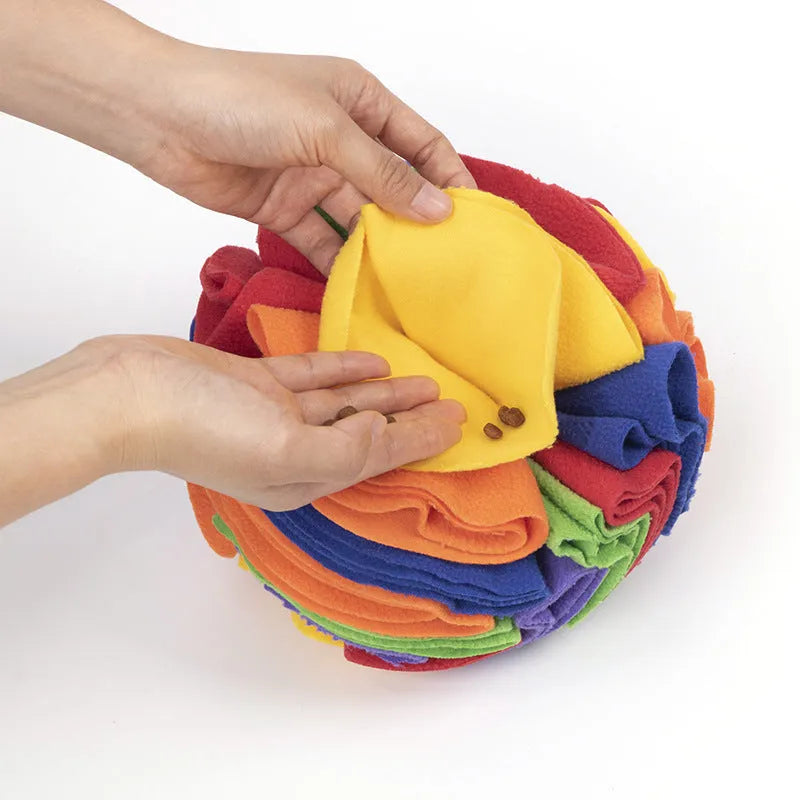 Polar fleece dog snuffle ball toy with folded circles in rainbow colours, 15cm or 20cm size options