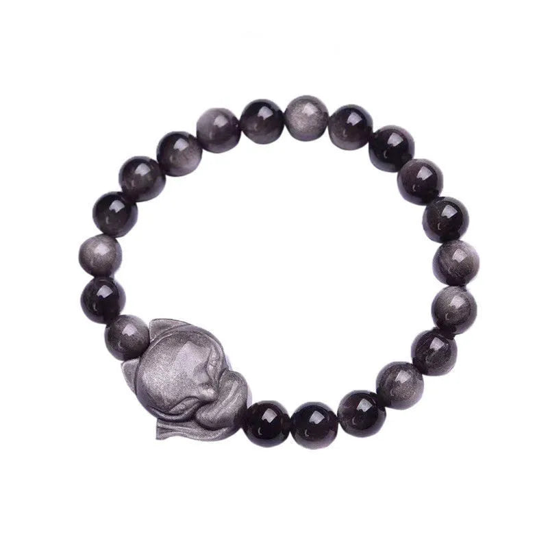 Obsidian Fox single ring bracelet with 8mm polished obsidian beads and fox charm