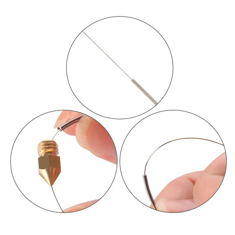 E3D Mk8 3D printer nozzle cleaning needle set with ten pieces in five different diameters from 0.2mm to 0.4mm