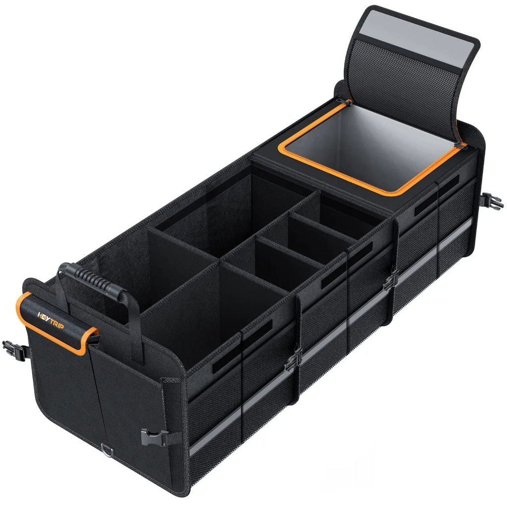 Black Oxford cloth folding car boot storage box with handle and roller, 89x36.8x31.8cm