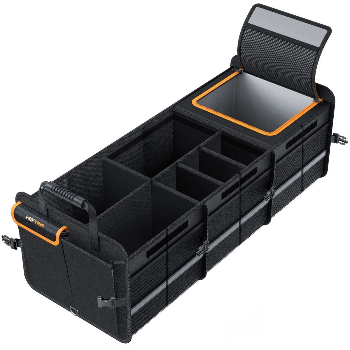 Black Oxford cloth folding car boot storage box with handle and roller, 89x36.8x31.8cm