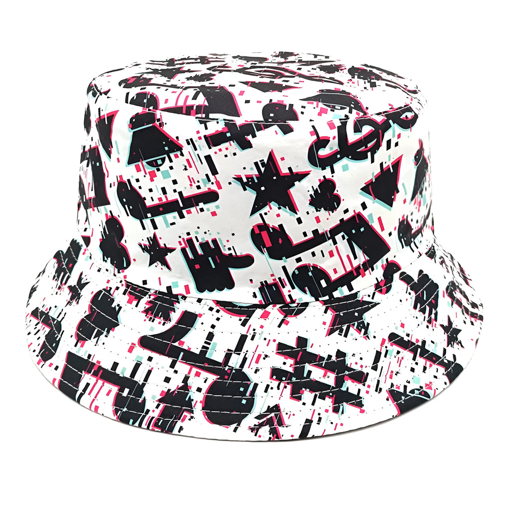 Polyester bucket hat with musical note pattern printing in retro style for outdoor sun protection