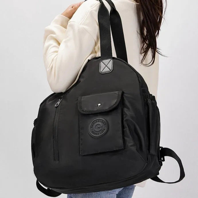 Large 48cm nylon backpack in black, khaki, or green with sandwich pocket design