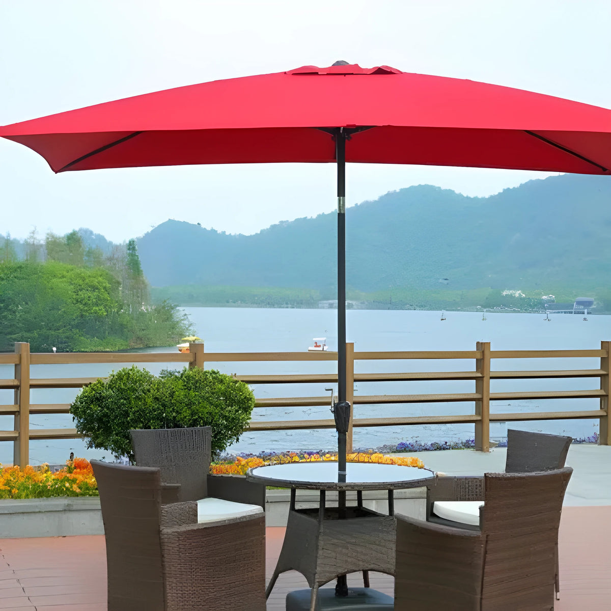 Outdoor garden balcony rainproof centre pole umbrella with tilt swing, khaki colour, 300x200cm canopy