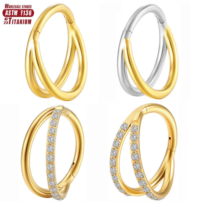Titanium alloy fork nose ring piercing jewellery in silver, gold, black, or rose gold on a plain background.