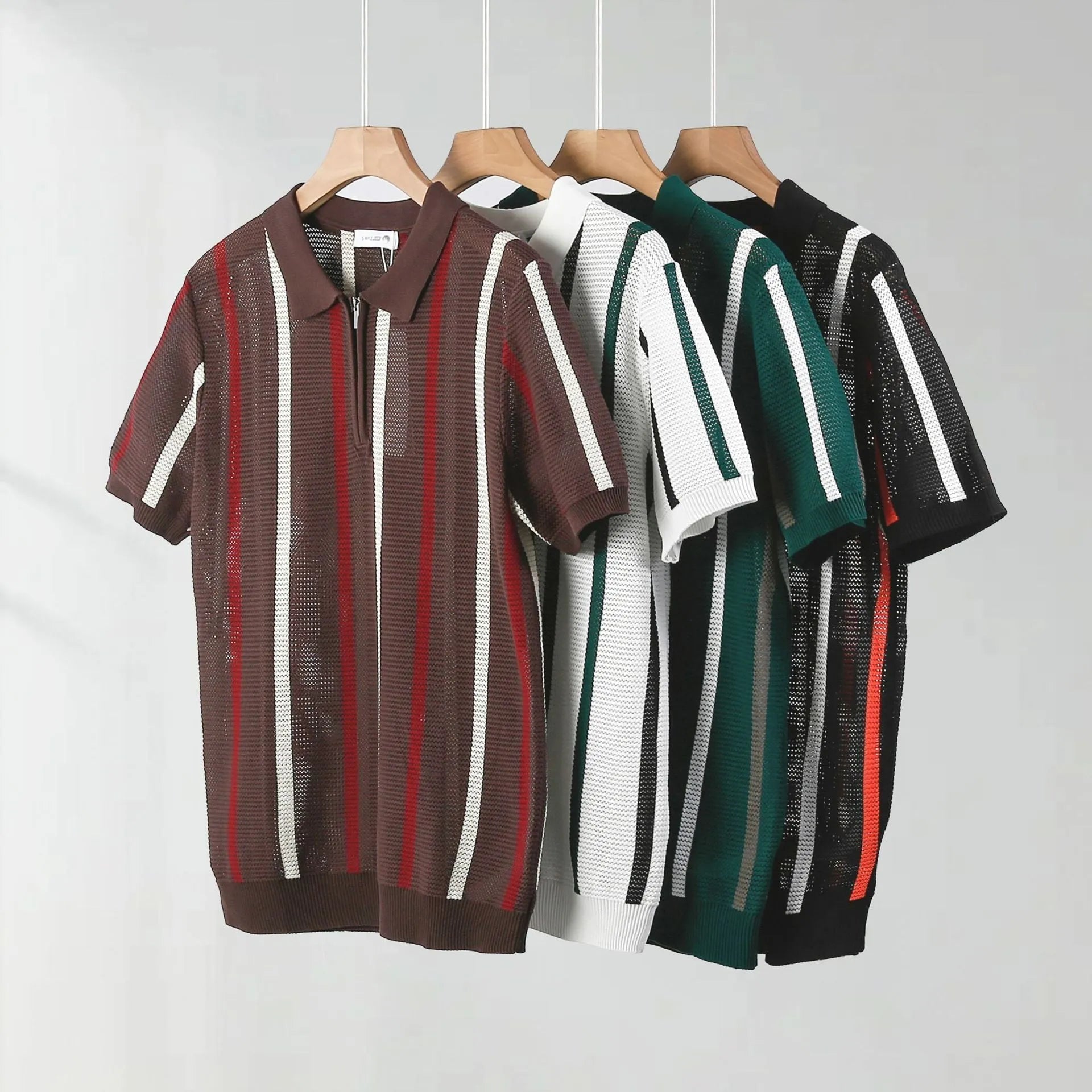 Men's short-sleeved ice silk polo shirt in loose fit with decorative zipper detail.