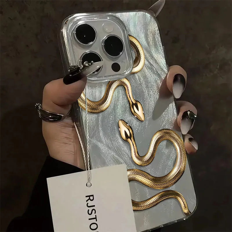 Silicone phone case with two gold snake animal print and frosted finish for iPhone