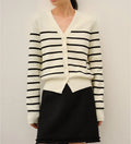 Classic preppy striped button-front cardigan for women, loose fit, short length 40cm, polyester, black colour, front view