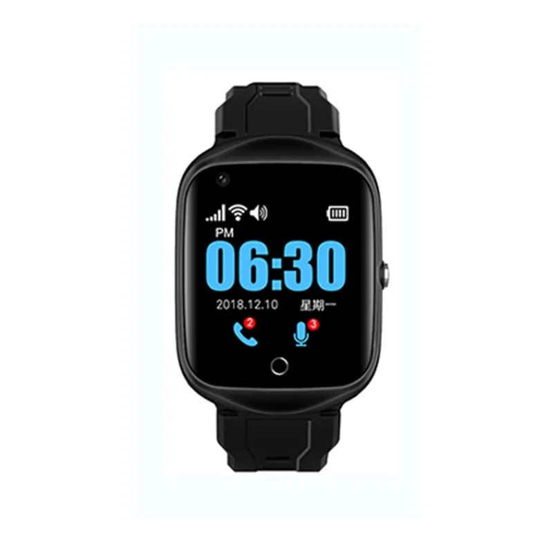 Square black elderly smartwatch with silicone strap showing time on 1.3-inch screen