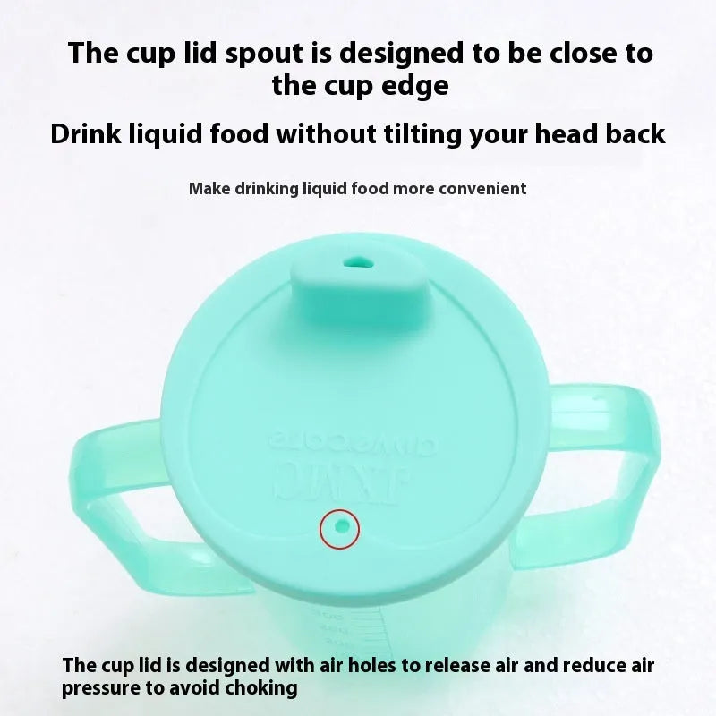 Bedside drinking cup with slanted mouth, handle, and optional wrist splint for adult care