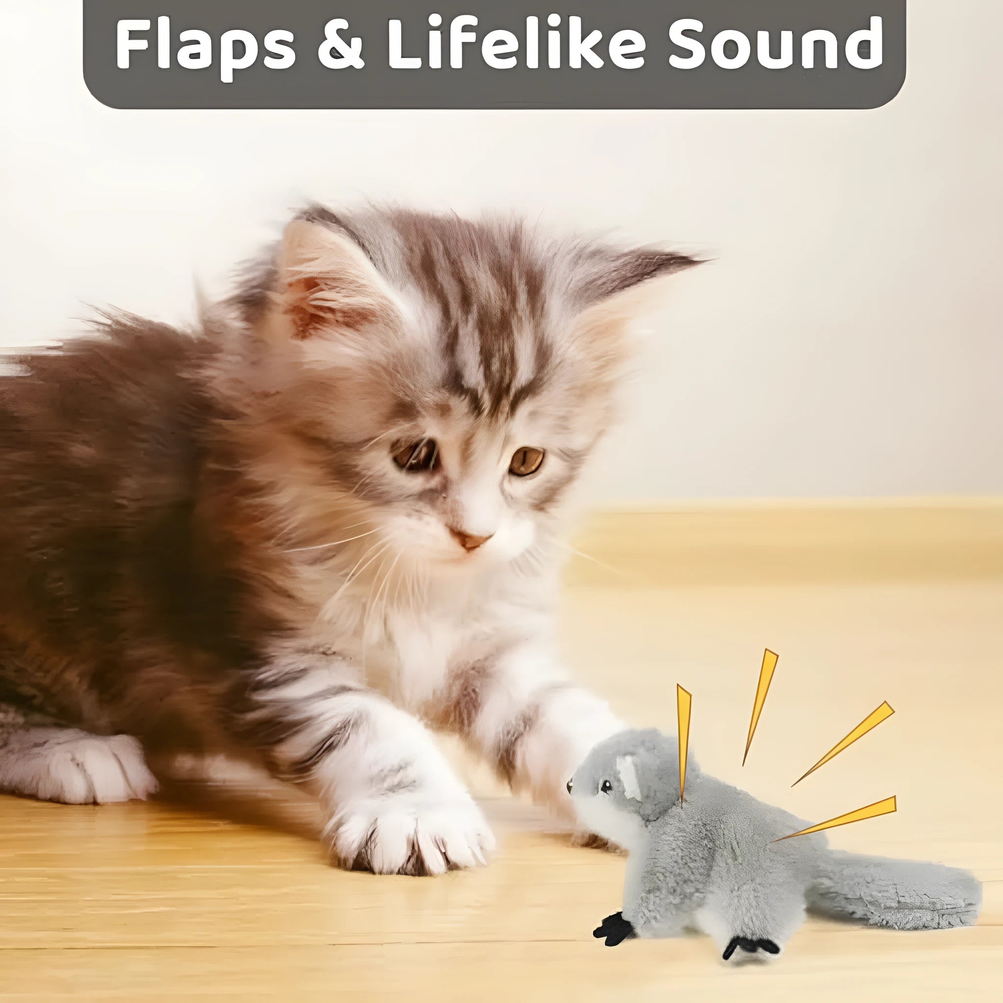 Gray flapping squirrel cat toy with touch-activated motion and USB charging port