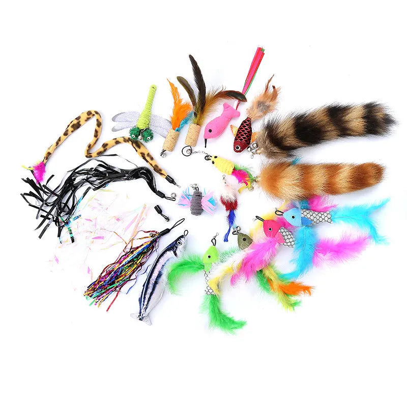 Three-section handheld cat teasing fishing rod toy with feather attachments