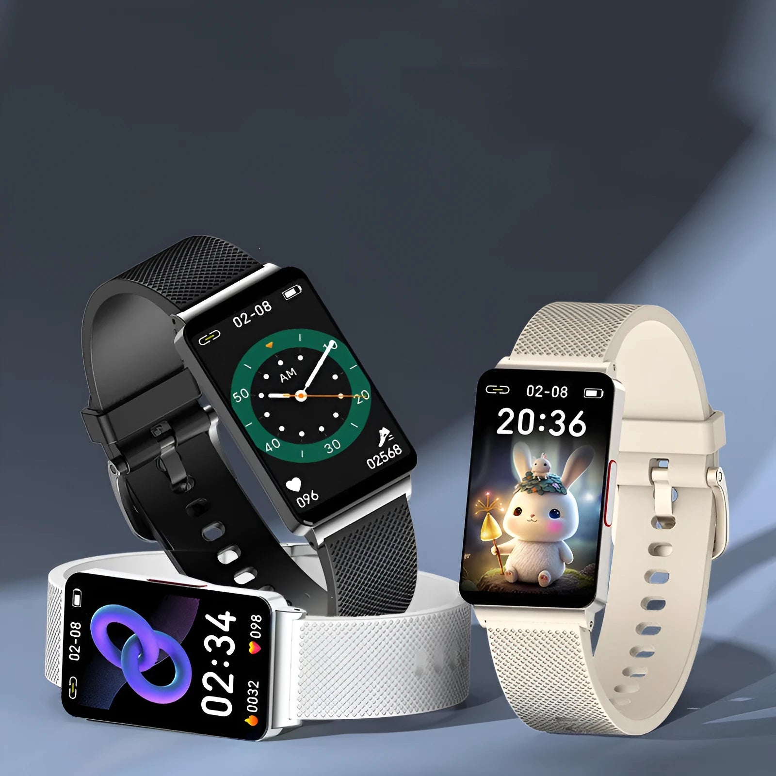 Blood glucose monitoring smart bracelet with touch screen and magnetic USB charging in black, gold or silver colours