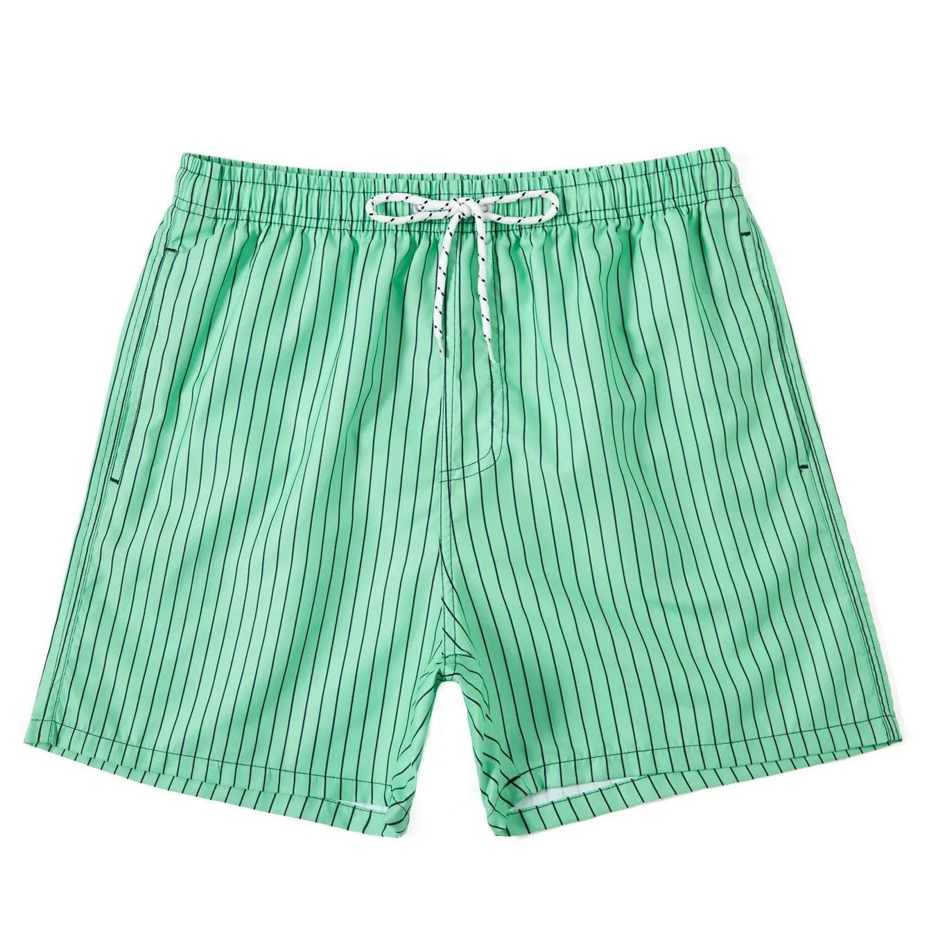 A pair of striped beach shorts in a light blue colour with a straight leg opening, laid flat.