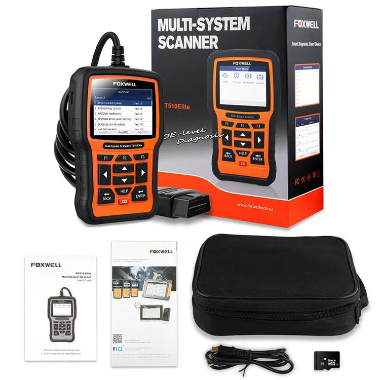 Foxwell NT510 orange and black automotive diagnostic tool with OBD2 scanner and system reset functions