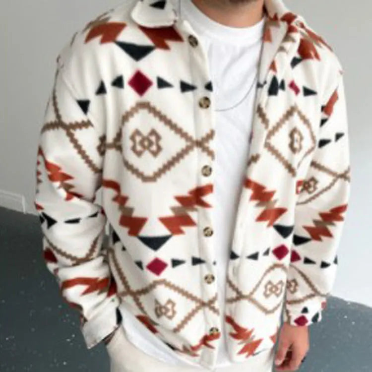 Men's white retro ethnic print brushed cotton shirt jacket with lapel collar and long sleeves