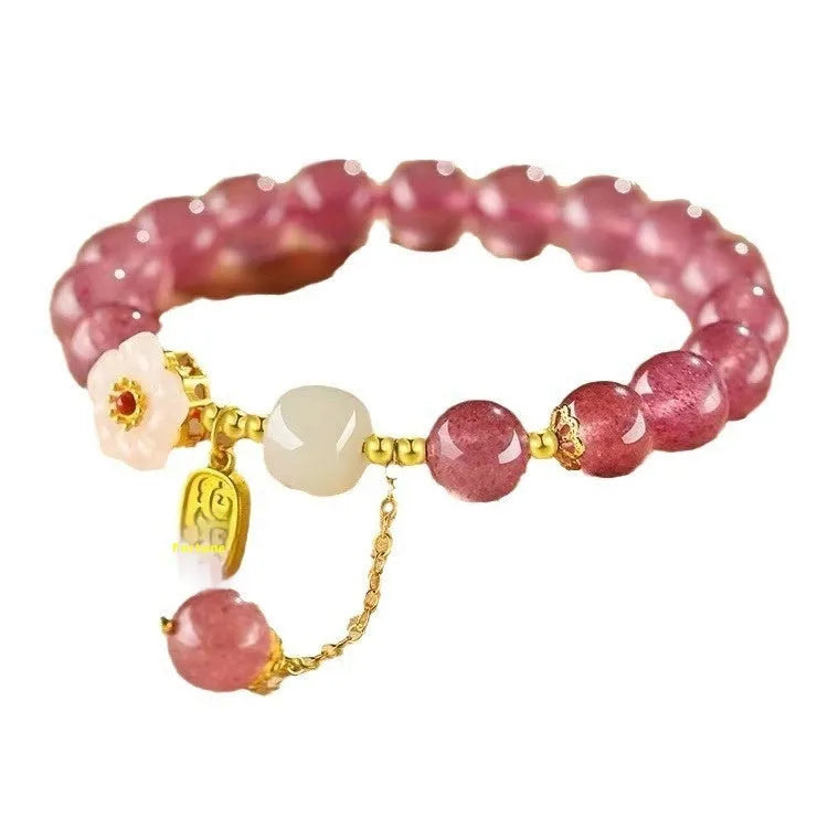 Handmade strawberry quartz crystal bracelet for girls with natural crystal beads and moon charms