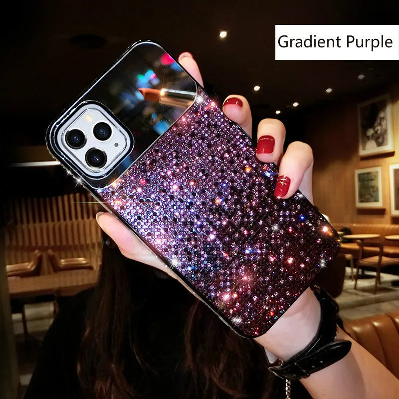 Gradient rhinestone silicone iPhone case for Apple models, available in blue, black, and purple.