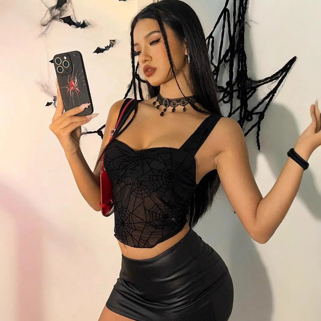 Black women's spider web mesh see-through sleeveless slim-fit vest on model, geometric pattern