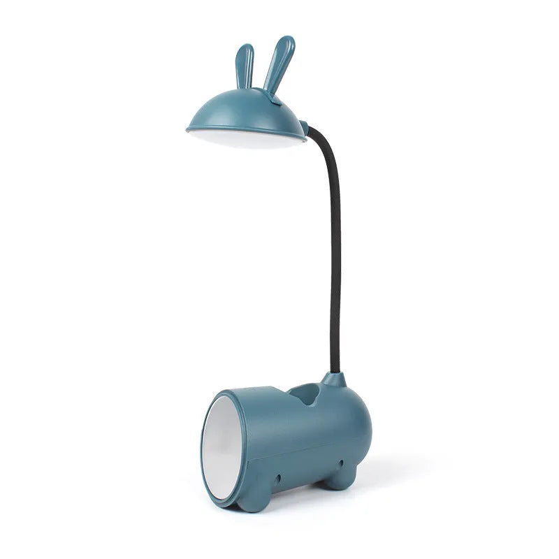 Cartoon USB desk lamp with pen storage container in dark blue colour on desktop
