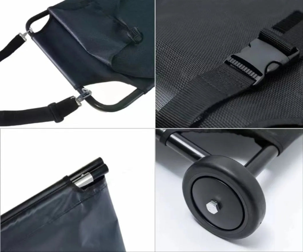 Large black foldable pet stretcher with aluminium alloy frame for emergency animal transport