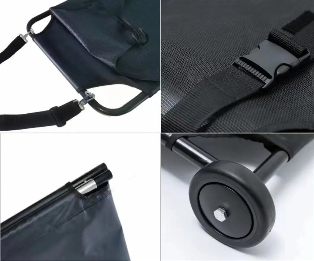 Large black foldable pet stretcher with aluminium alloy frame for emergency animal transport