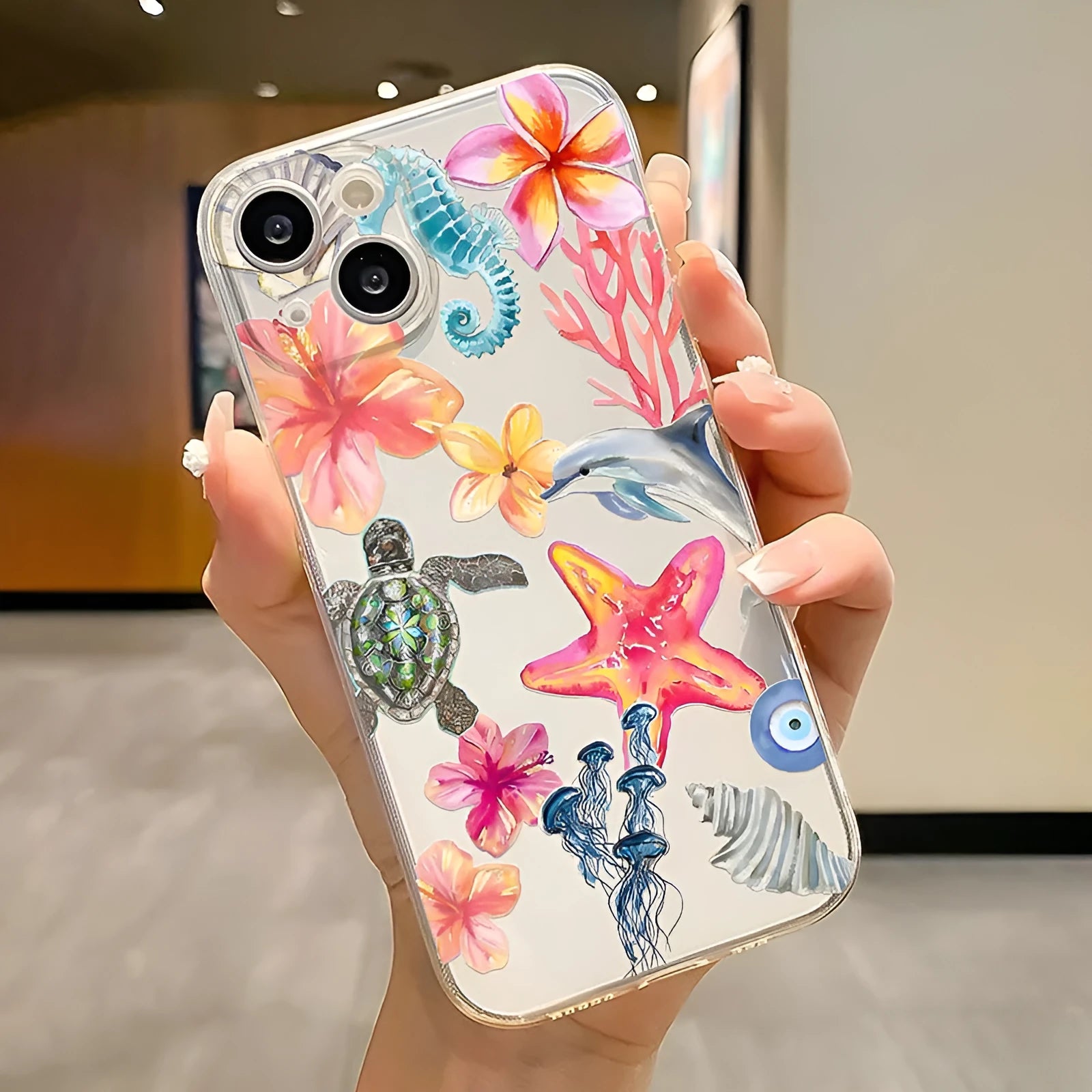 Transparent dolphin turtle design TPU phone case for Apple iPhone