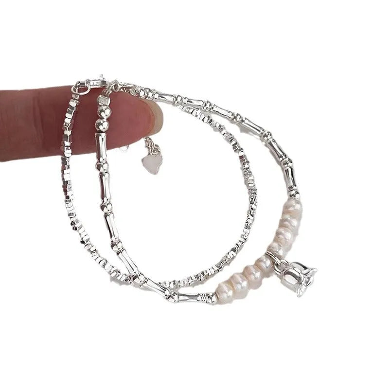 Silver pearl lily of the valley pendant bracelet on copper chain