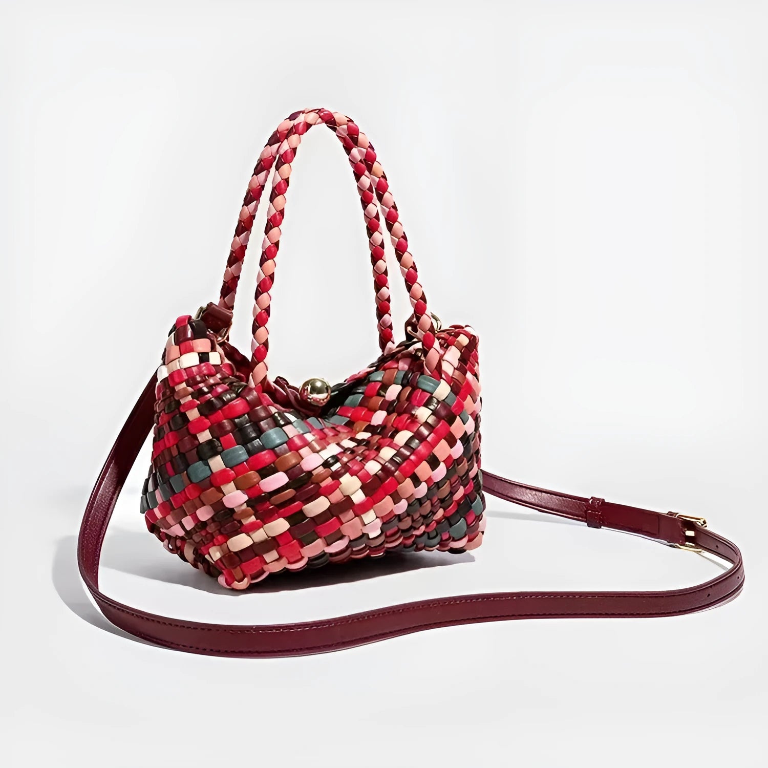 Colourful handmade woven women's PU leather shoulder bag shown from the front.