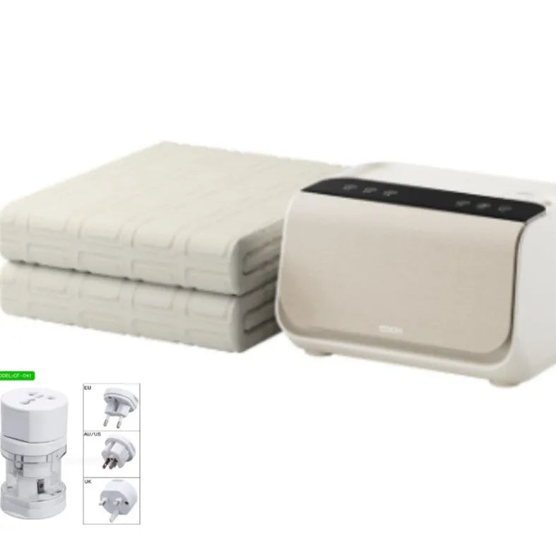 Aideng white electric underblanket with separate smart host controller on a bed.