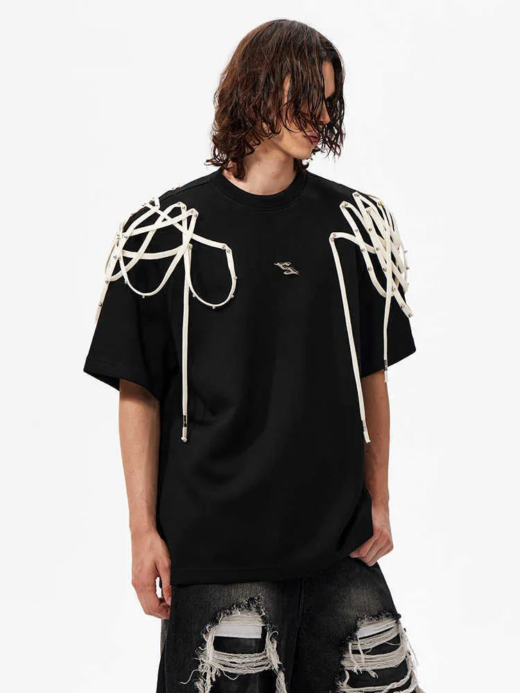 Black loose fit women's T-shirt with rivet ribbon padded shoulder detail and short sleeves