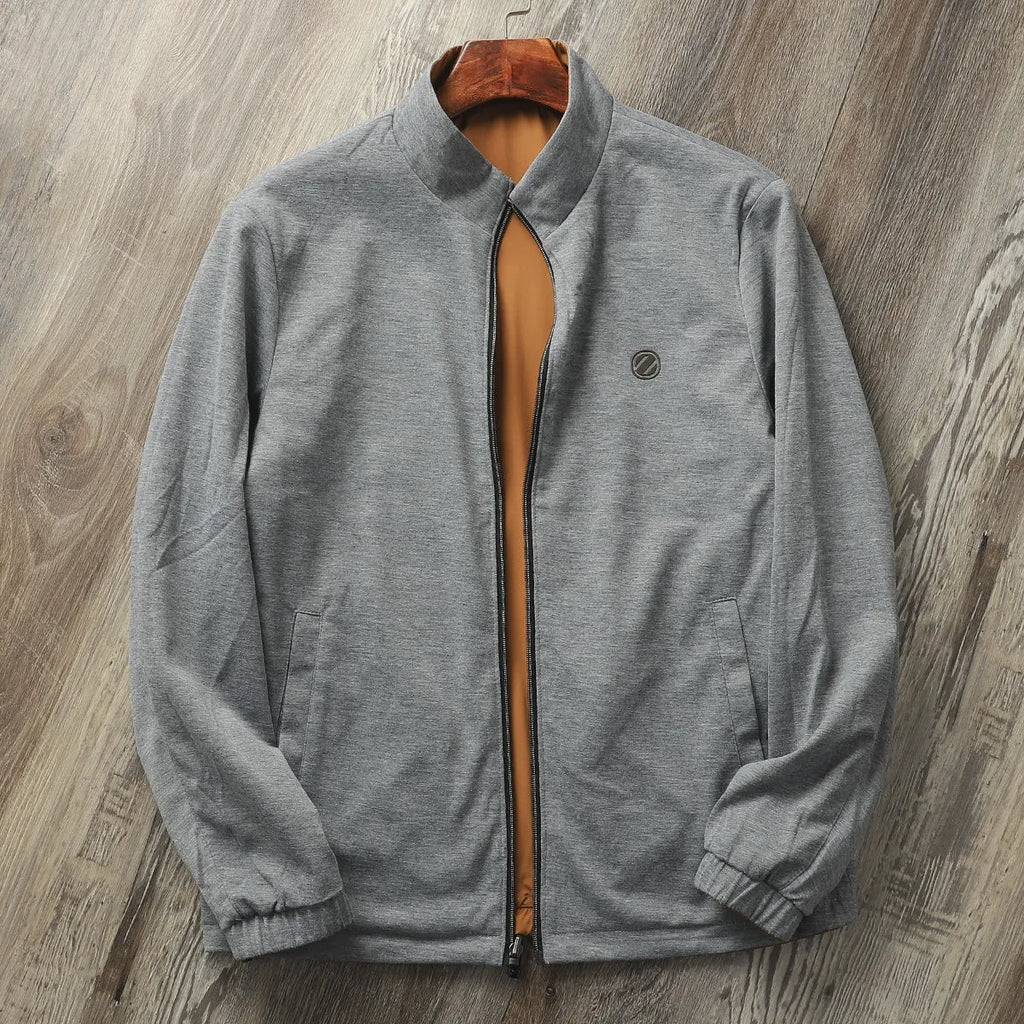 Men's stand collar casual jacket in Army Green, shown on a model, regular fit.