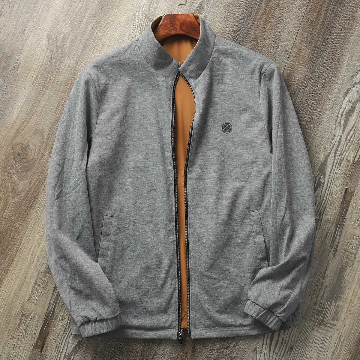 Men's stand collar casual jacket in Army Green, shown on a model, regular fit.