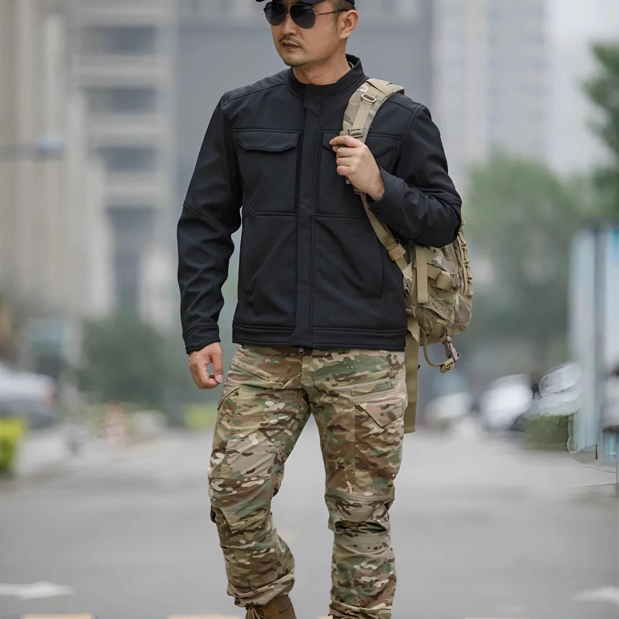 Bone Frog Peak Breaker soft shell tactical jacket in black camouflage colour for mountaineering.
