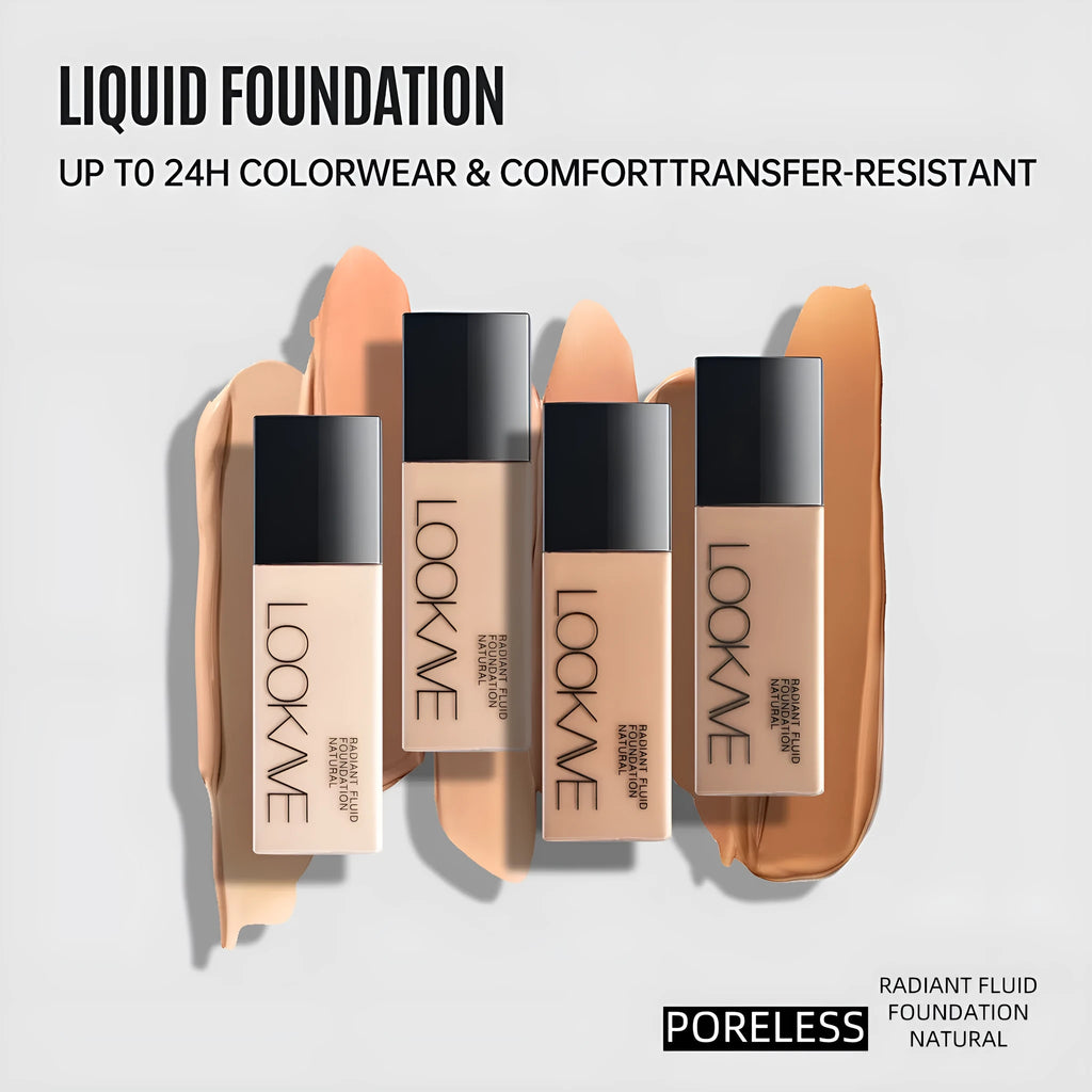 LOOKAVE matte liquid foundation bottle showing ivory white colour with six shade options LK63C-01 to LK63C-06