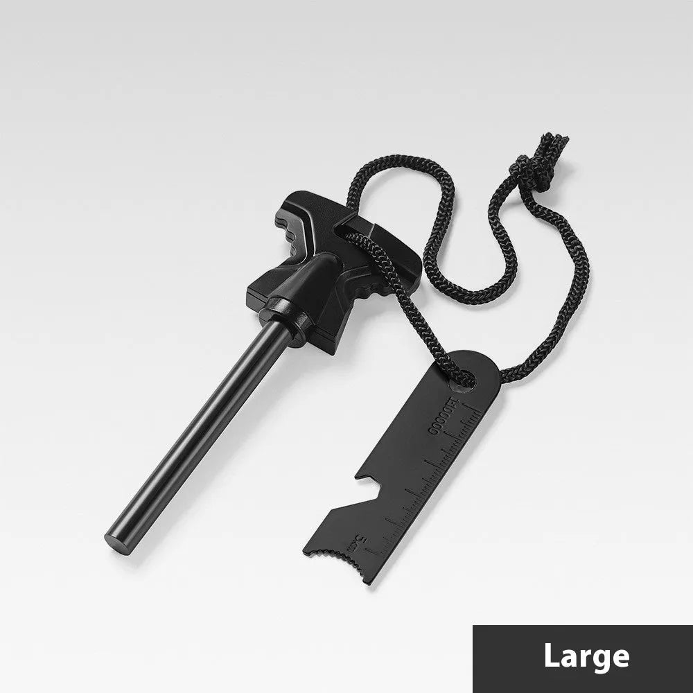 Butterfly-shaped metal fire starter tool with bottle opener, shown with dimensions 117mm by 43mm.