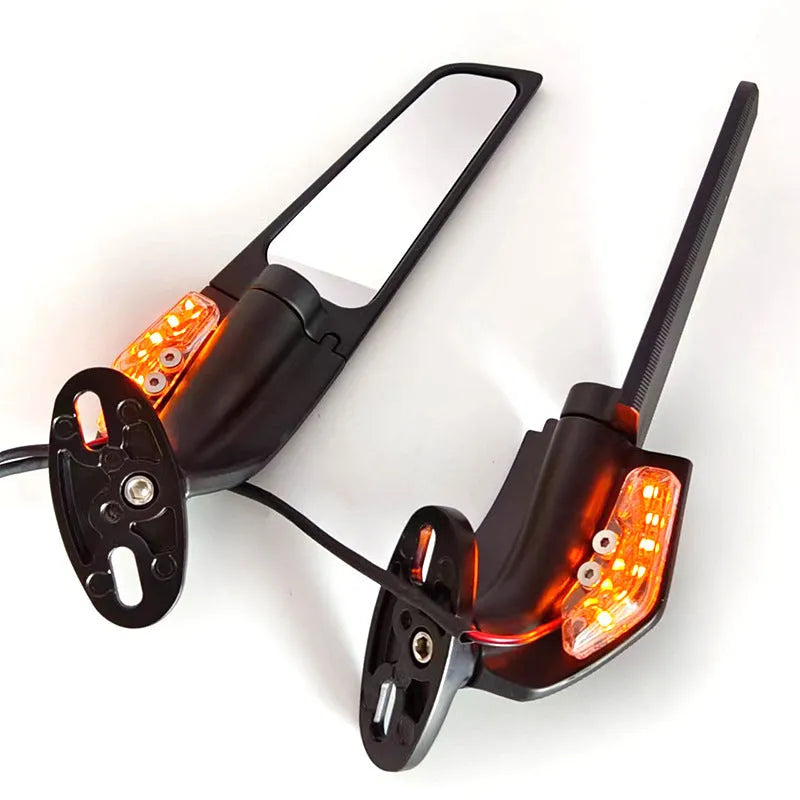 Spoiler-shaped aluminium motorcycle rearview mirror with convex glass lens and yellow running light, model SH-620-5.