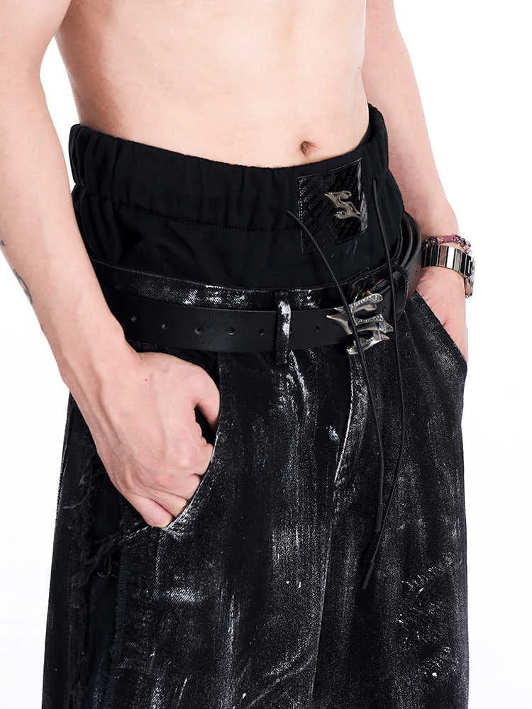 Black two-layer cowhide leather men's belt with metal letter buckle showing 110cm length