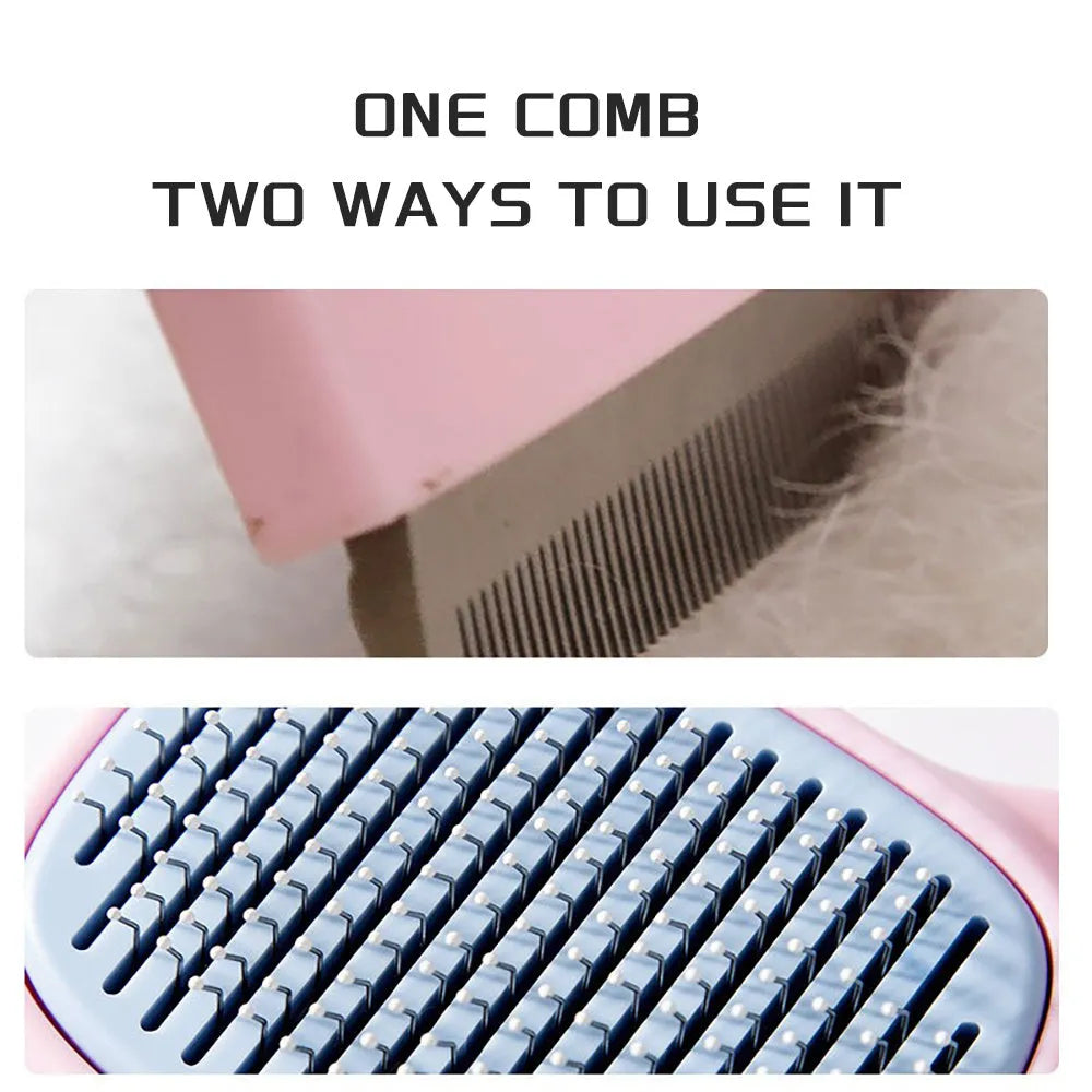 Blue double-sided dog deshedding brush with undercoat rake and dematting comb