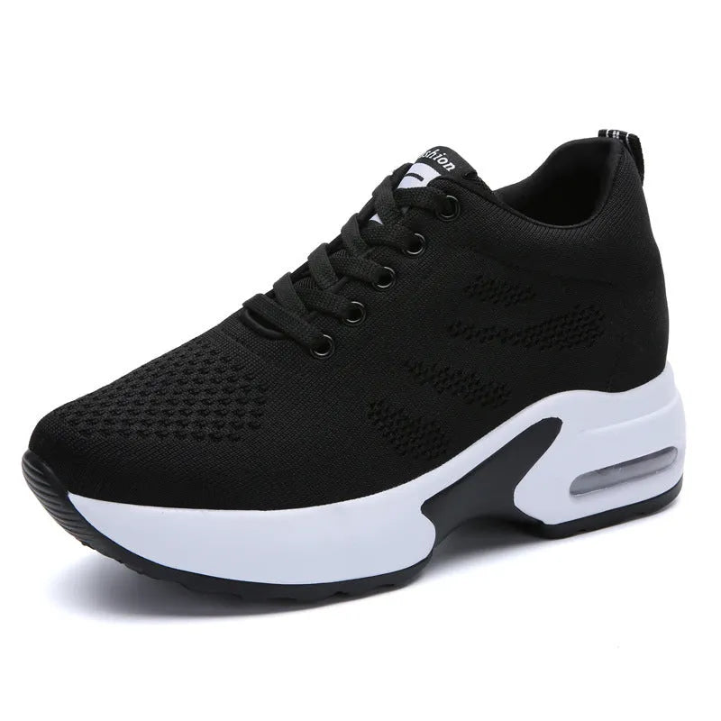 Soft sole mesh height-increasing casual shoes with polyurethane mid-heel in black and red colour options